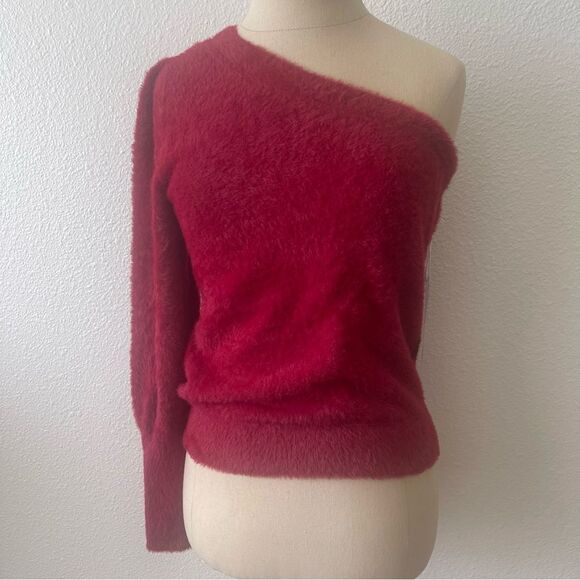 Worthington Size Medium Fuzzy Vibrant Red Off-Shoulder Sweater - Picture 2 of 11